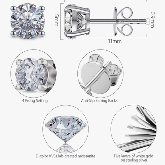 1CT Moissanite Diamond Stud Earrings 18K White Gold Plated S925 Sterling Silver - Picture 4 of 8
